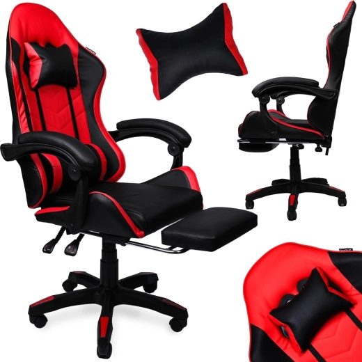 Scaun de gaming cu suport pentru picioare extensibil, din piele ecologică, negru-roșu