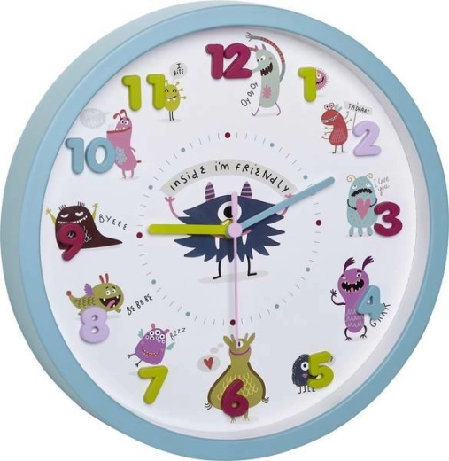 Ceas de perete pentru copii TFA Little Monsters, turcoaz, cifre 3D