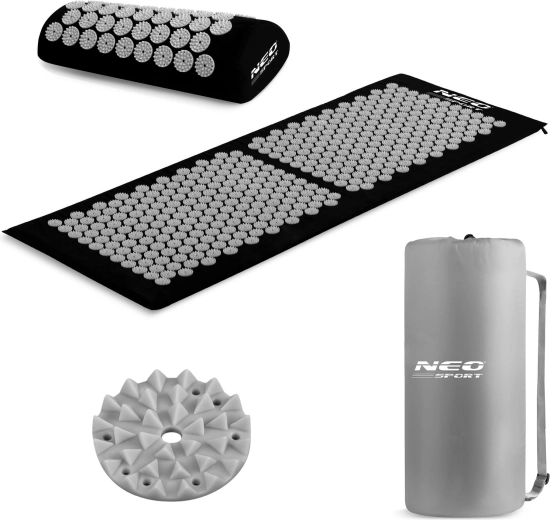 Set de masaj pentru acupresură Neo-Sport – saltea cu țepi și pernă, negru-gri