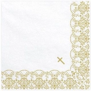 Șervețele de hârtie pentru Prima Împărtășanie, cu ornament alb-auriu, 33 × 33 cm, 20 buc.