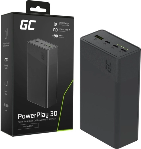 Power bank de 30000 mAh, 22,5 W, 4 porturi, neagră
