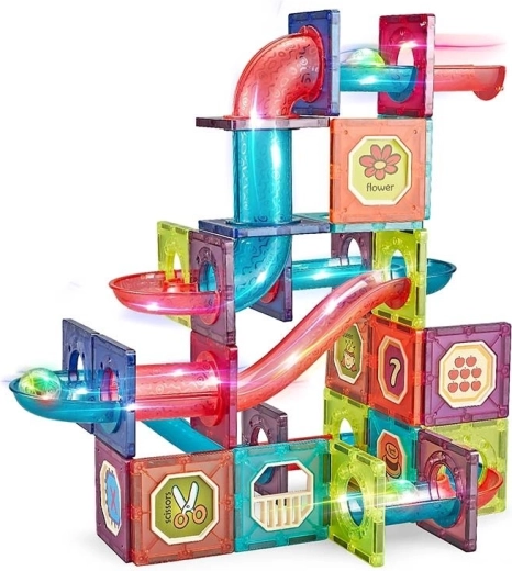 Set de construcție magnetic cu pistă pentru bile, 83 de piese