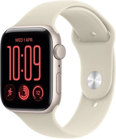 Apple Watch SE 3 GPS 40 mm cu carcasă din aluminiu de culoarea luminii lunii și curea sport de culoare nisipie S/M