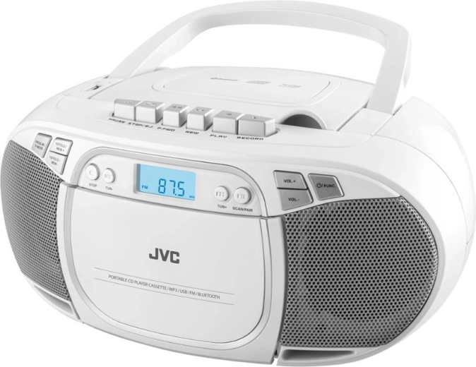 Boombox portabil JVC cu CD, casetă, Bluetooth și USB, alb