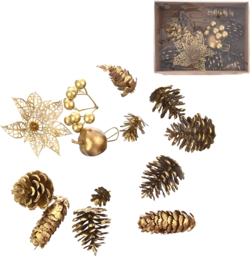 Ornament din plastic UH în culoare aurie – mix de decorațiuni în cutie
