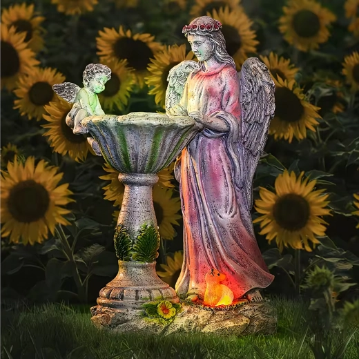 Înger solar de grădină cu baie pentru păsări și iluminare LED RGB