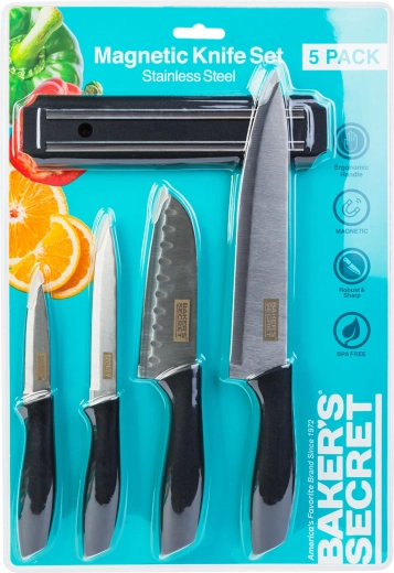 Set de cuțite de bucătărie Baker's Secret cu suport magnetic, 5 piese