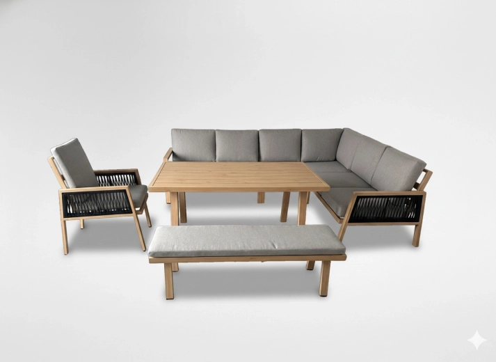 Mobilier de grădină din aluminiu Ottawa cu canapea de colț, bancă și masă, maro cu perne gri