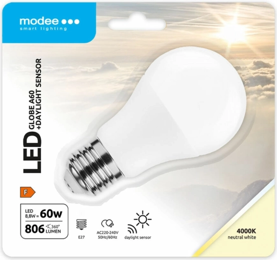 Bec LED inteligent Modee Lighting A60 8,8 W E27, alb neutru cu senzor de lumină