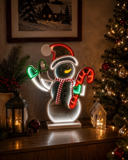Decorațiune de Crăciun 3D LED om de zăpadă cu baston de zahăr cu efect de oglindă infinity - 1 bucată