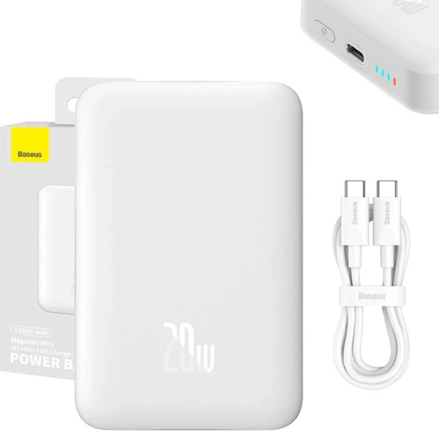 Bancă de alimentare magnetică Baseus 10000 mAh cu încărcare wireless și USB‑C 20 W, albă