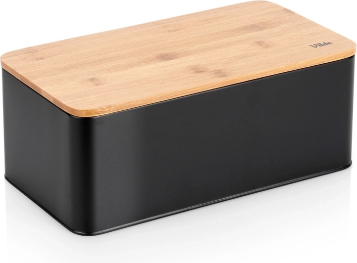 Cutie de pâine din metal cu capac din bambus, negru 33 × 18 × 13 cm