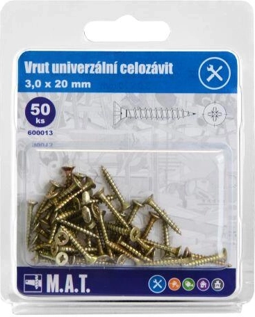 Șuruburi universale cu filet complet 3,0 × 20 mm, galvanizate, 50 buc