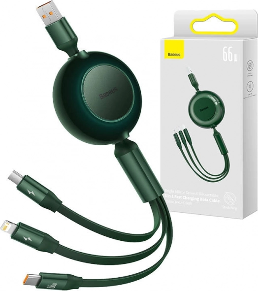 Baseus Bright Mirror 3 cablu USB 3‑în‑1 pentru micro USB, USB‑C și Lightning 66W 1,1 m – Verde