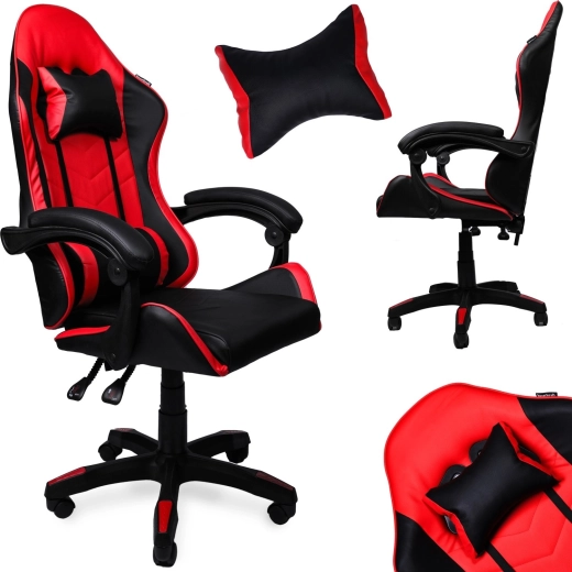 Scaun de gaming pivotant din piele ecologică, negru-roșu