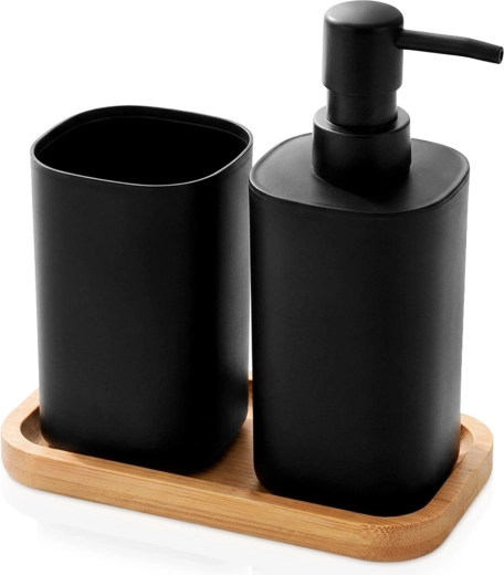 Set de baie Bathroom Solutions cu dozator și pahar 350 ml, negru, 3 piese