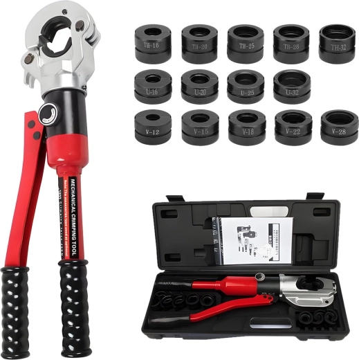 Clește hidraulic de presare Renew Force pentru țevi PEX 12 t cu cap rotativ 360° (16–32 mm) cu matrițe U/TH/V