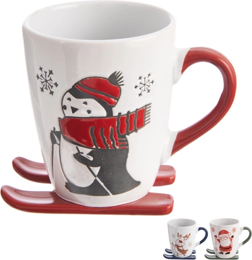 Cană ceramică de Crăciun 330 ml cu suport în formă de schiuri/sanie, mix de modele