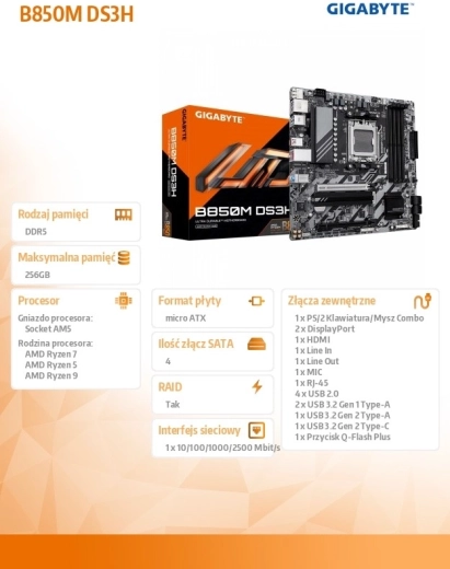 Gigabyte B850M DS3H – placă de bază AM5 pentru gaming