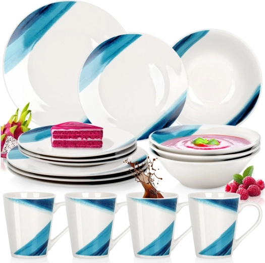 Set de masă din porțelan, 16 piese, alb cu decor albastru