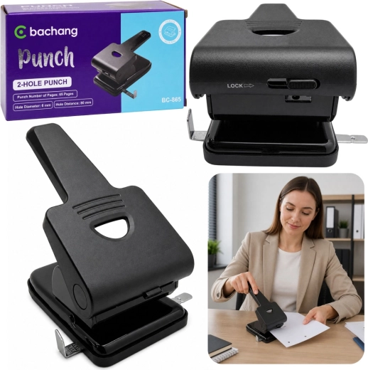 Perforator de birou din metal pentru 65 de coli, negru