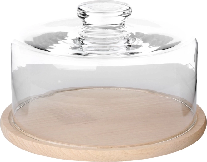 Clopot pentru brânză cu capac din sticlă și platou din lemn 24 cm