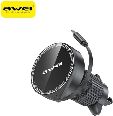 Suport magnetic auto Awei MagSafe pentru grila de ventilație, cu cablu retractabil (negru)