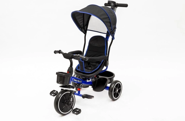 Tricicletă Bauerkraft 2în1 cu scaun rotativ și copertină, albastru marin