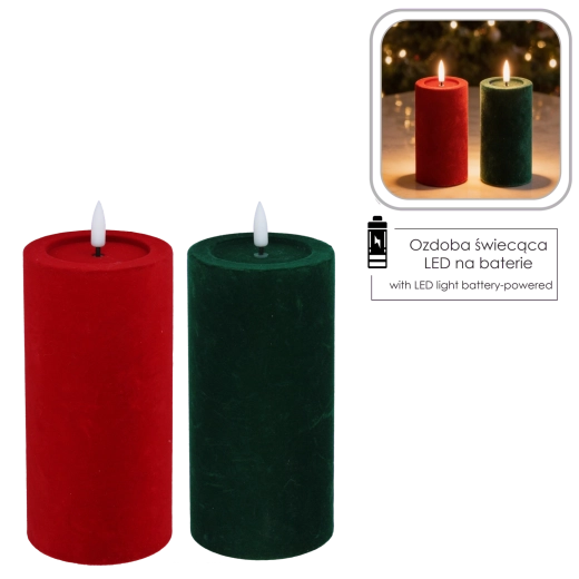 Lumânare LED cu flacără pâlpâitoare, velur roșu-verde 7,5 × 18,5 cm - 1 bucată