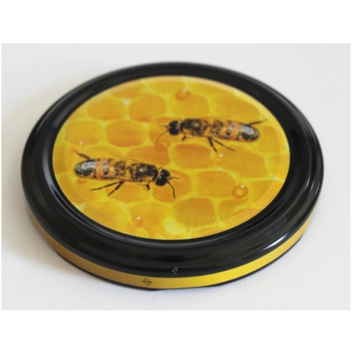 Capac metalic Twist-off 82 mm cu albină pe floarea mărului, 6 cleme