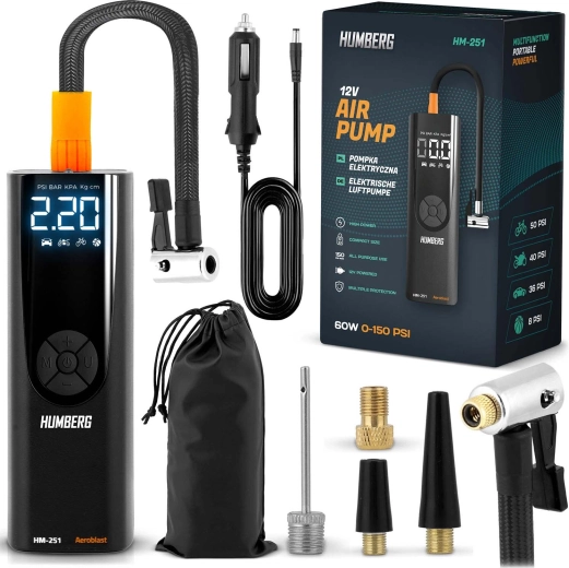 Mini compresor electric HUMBERG HM-251 – pompă auto digitală portabilă cu lumină LED