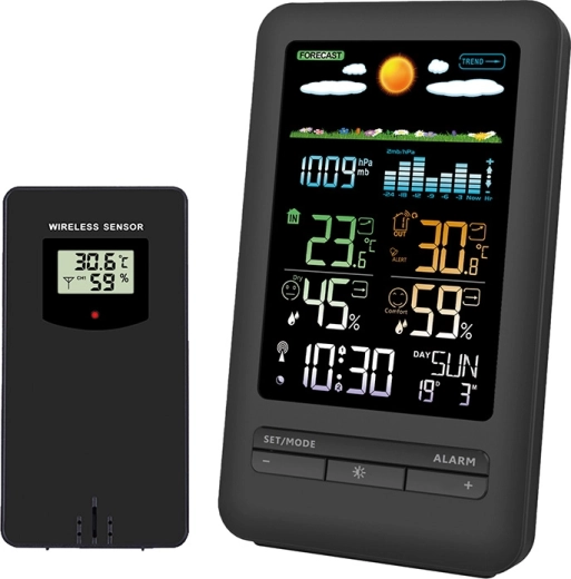Stație meteo Solight cu ecran LCD color, măsurare a temperaturii, umidității și presiunii, neagră