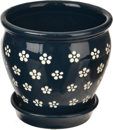 Ghiveci ceramic decorativ cu motiv floral, albastru-alb 15 × 15 × 14 cm