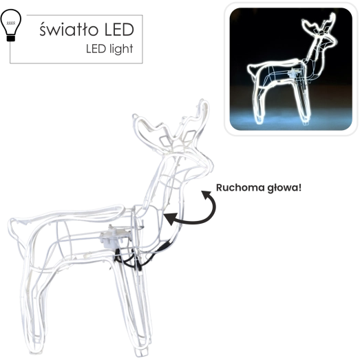 Renum luminos din neon LED de Crăciun cu cap mobil, alb rece, 70 cm