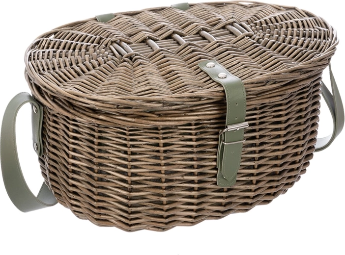 Coș de picnic împletit din răchită cu capac, căptușeală cu buline și curea de umăr