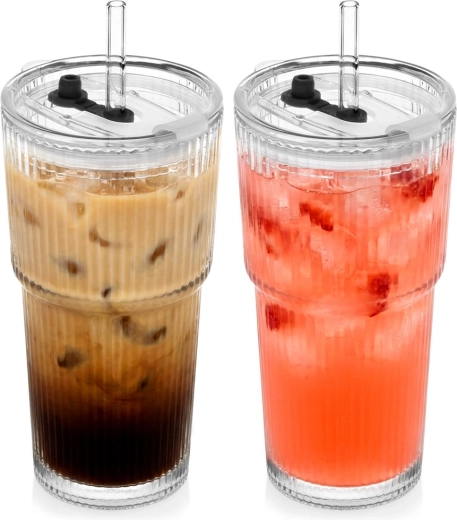 Pahare tumbler din sticlă cu capac și pai 500 ml, set 2 buc