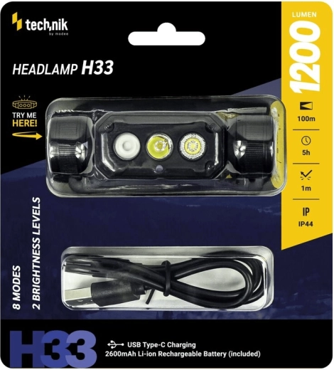 Lanternă frontală Technik H33 cu LED SST20 și USB‑C (1200 lm)