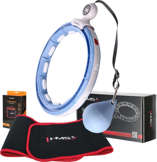 Set HMS: hula hoop inteligent de masaj cu greutate, magneți și contor + centură de slăbire albastră