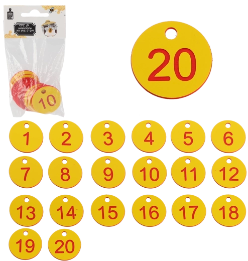 Set numere pentru stupi 1–20, jetoane din plastic cu orificiu 3,5 cm