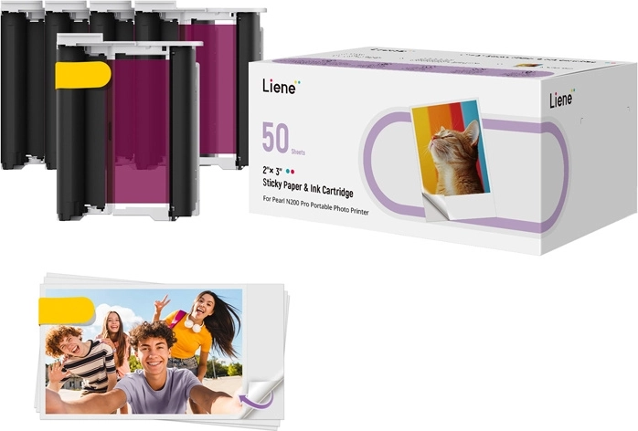 Hârtie foto Liene 2×3" autoadezivă, 50 de foi + 5 cartușe de cerneală