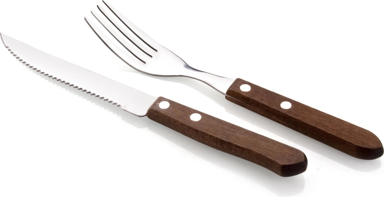 Set de tacâmuri pentru steak BBQ, 12 piese, inox cu mâner din lemn închis la culoare
