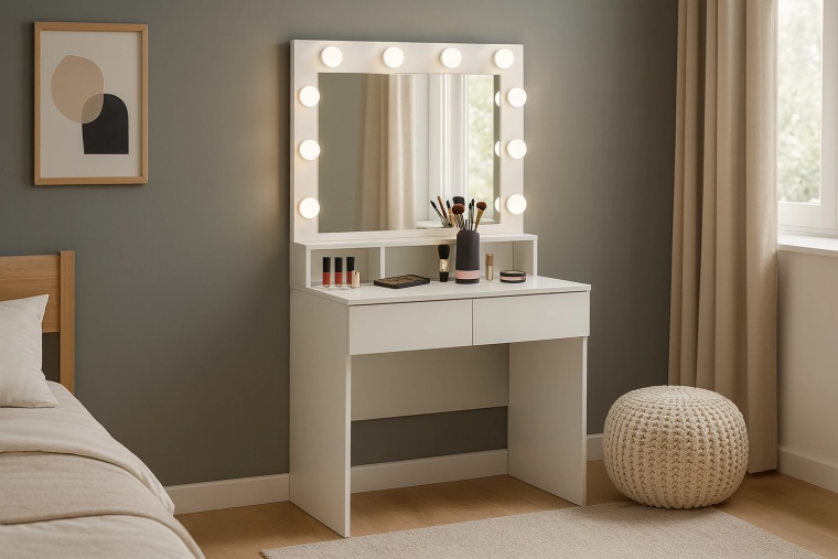 Măsuță de toaletă cosmetică albă, cu oglindă LED și compartimente