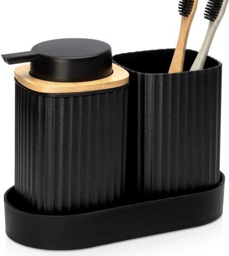 Set de baie Vilde negru, 3 piese, cu detalii din bambus