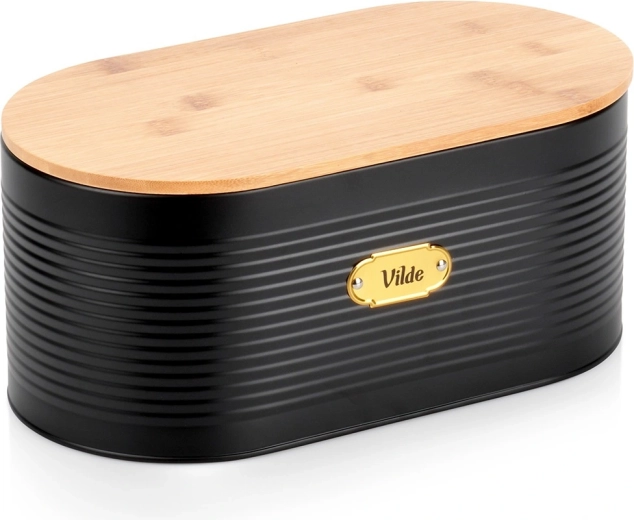 Cutie pentru pâine din metal cu capac din bambus, negru, 34 × 18,5 × 15 cm