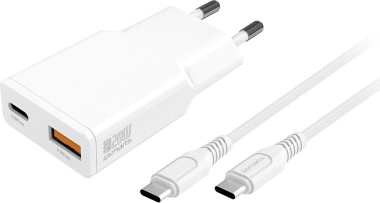 Încărcător de rețea GaN 20 W cu USB‑C și USB‑A + cablu USB‑C 1,5 m alb