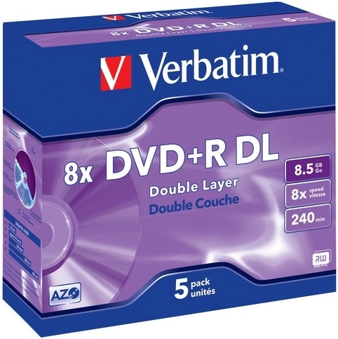 Discuri DVD+R Verbatim inscriptibile, cu două straturi, 8,5 GB, 8x, Matt Silver, Jewel Case - 5 buc.