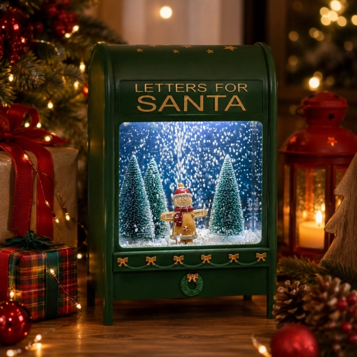 Cutie poștală de Crăciun pentru scrisorile către Moș Crăciun, cu iluminare LED și cutie muzicală, verde