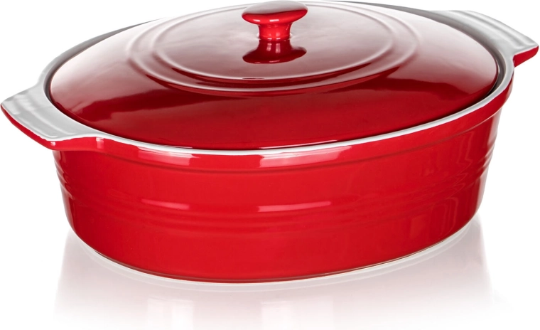 Vas de copt oval din ceramică cu capac CULINARIA, 36,5 × 25 cm, roșu/alb