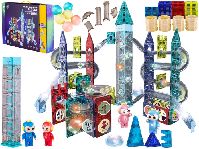 Set de construcție magnetic luminos cu pistă pentru bile – 167 de piese
