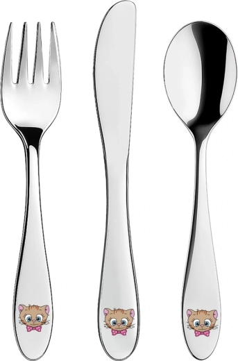 Tacâm din inox pentru copii Pisicuță, 3 piese